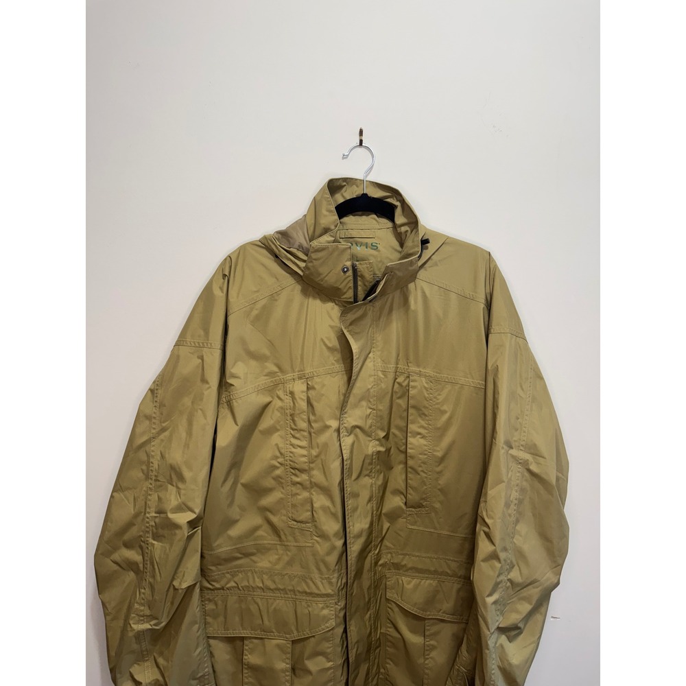 Orvis Mens Khaki Tan Field Jacket Packable Hood Utility Cargo Coat Large L